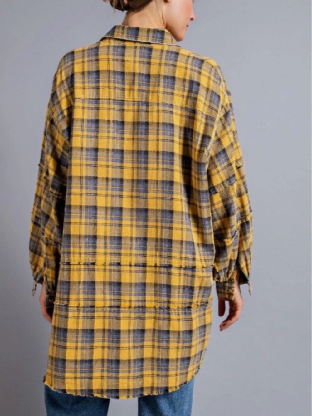 Easel Yellow Plaid Oversized Shacket Button Front Distressed Flannel Top Large - Picture 2 of 8